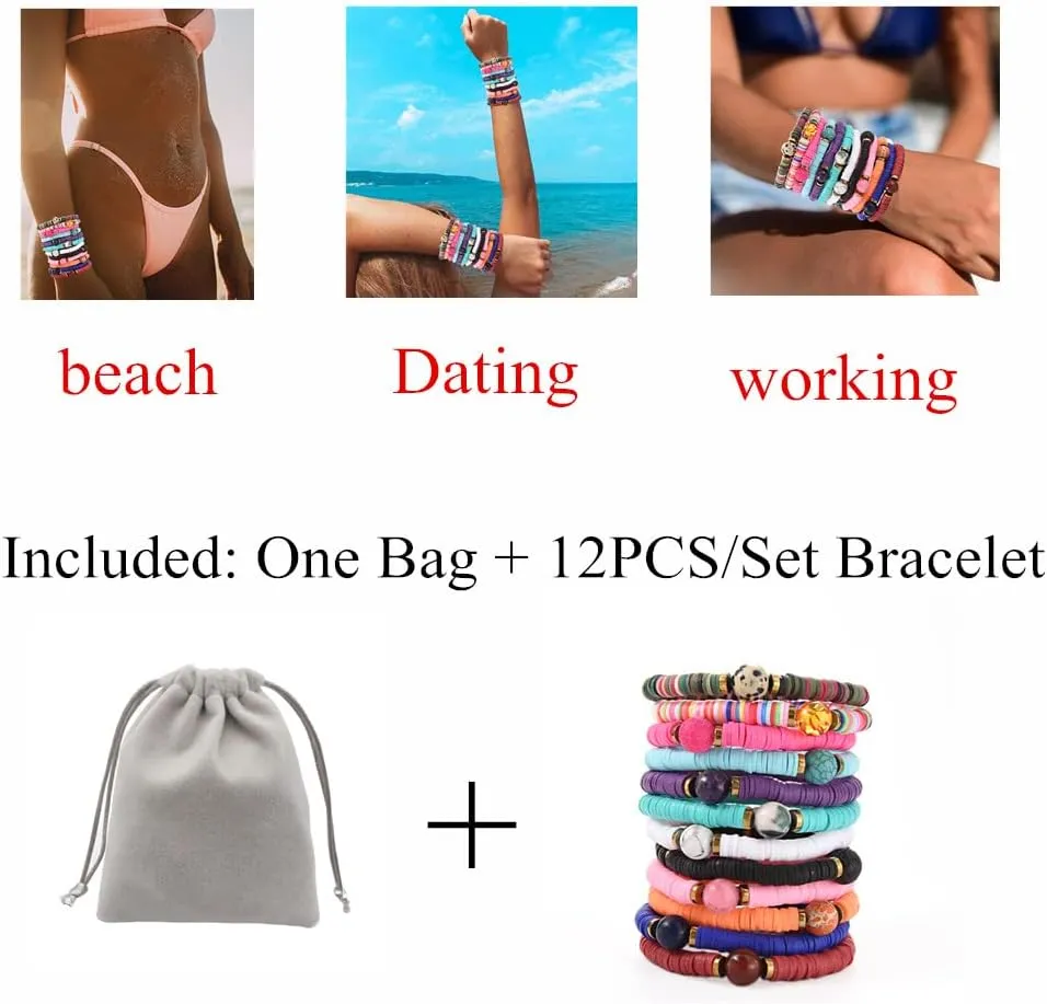 12pcs Friendship Bracelets Beaded Bracelets Heishi Bracelet Cute Bracelets Stack Vinyl Clay Disc Bead Surfer Stretch Summer Beach Bracelets For Women Preppy Bracelets