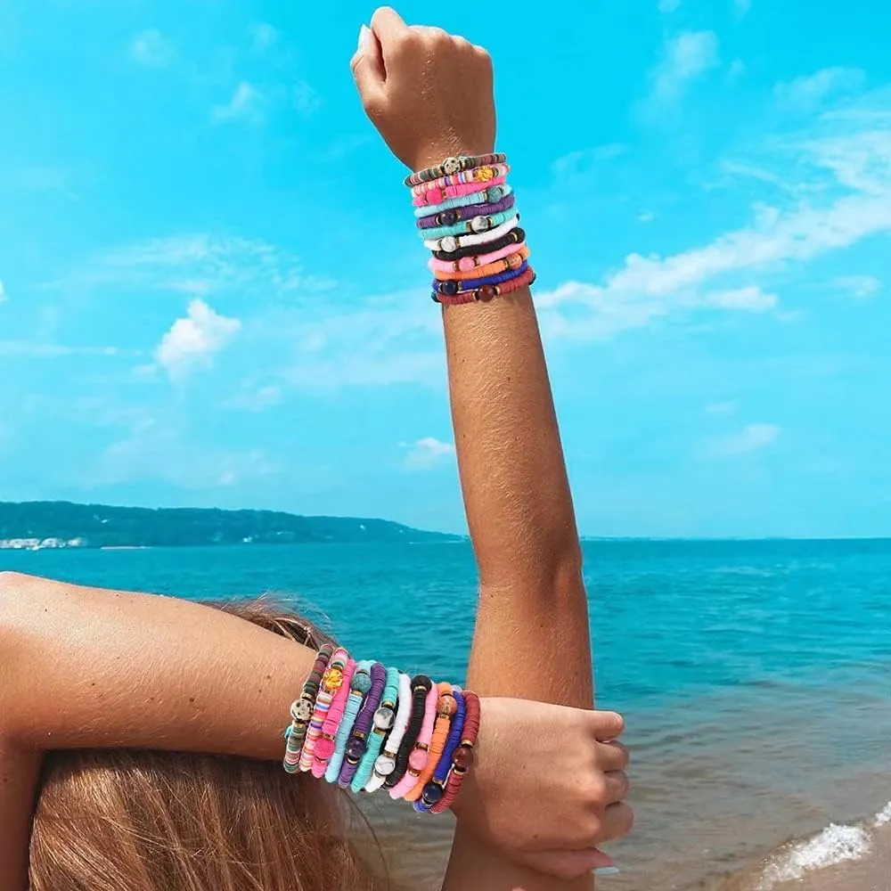12pcs Friendship Bracelets Beaded Bracelets Heishi Bracelet Cute Bracelets Stack Vinyl Clay Disc Bead Surfer Stretch Summer Beach Bracelets For Women Preppy Bracelets