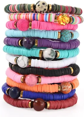 12pcs Friendship Bracelets Beaded Bracelets Heishi Bracelet Cute Bracelets Stack Vinyl Clay Disc Bead Surfer Stretch Summer Beach Bracelets For Women Preppy Bracelets