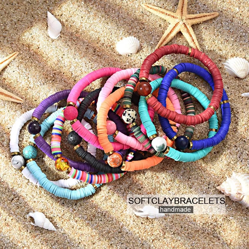12pcs Friendship Bracelets Beaded Bracelets Heishi Bracelet Cute Bracelets Stack Vinyl Clay Disc Bead Surfer Stretch Summer Beach Bracelets For Women Preppy Bracelets