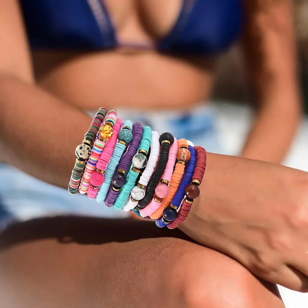 12pcs Friendship Bracelets Beaded Bracelets Heishi Bracelet Cute Bracelets Stack Vinyl Clay Disc Bead Surfer Stretch Summer Beach Bracelets For Women Preppy Bracelets