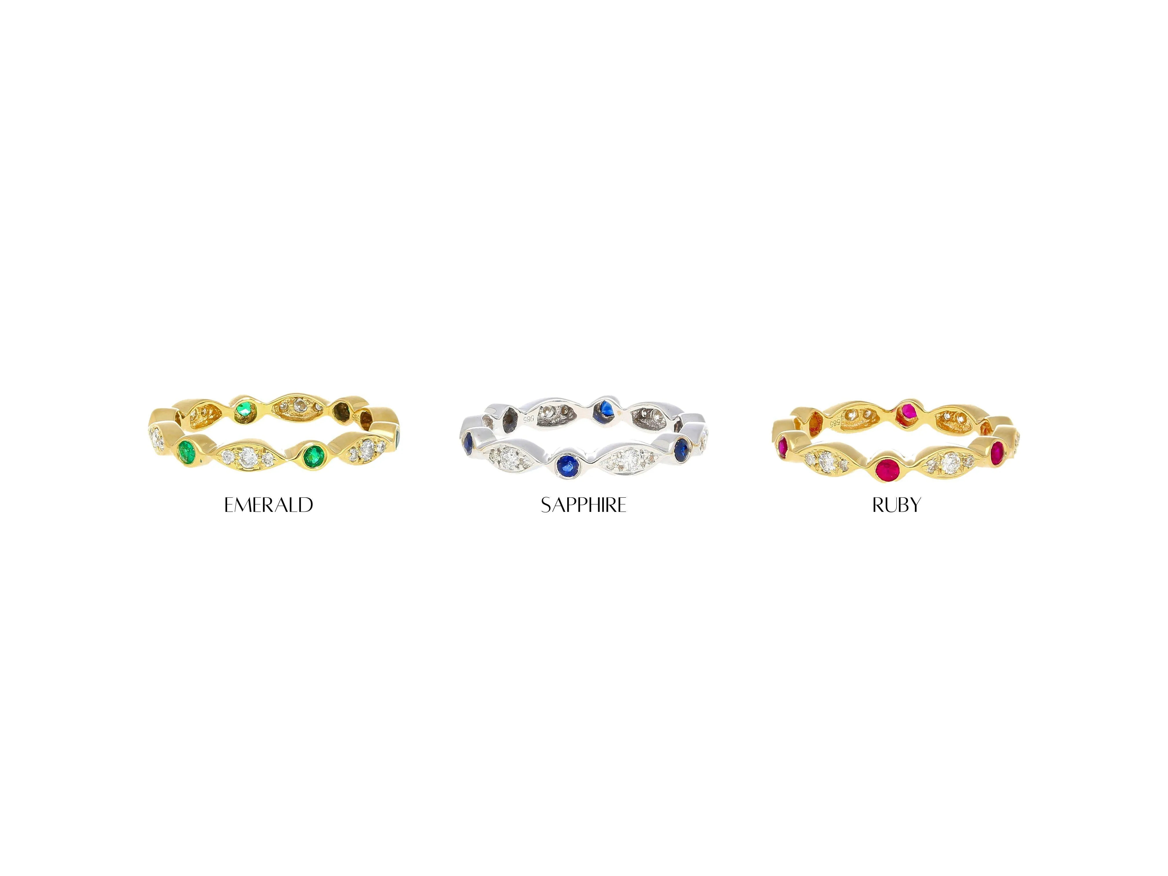 14K Gold Emerald and Lab Diamond Bezel Stacking 3MM Band Wave Ring