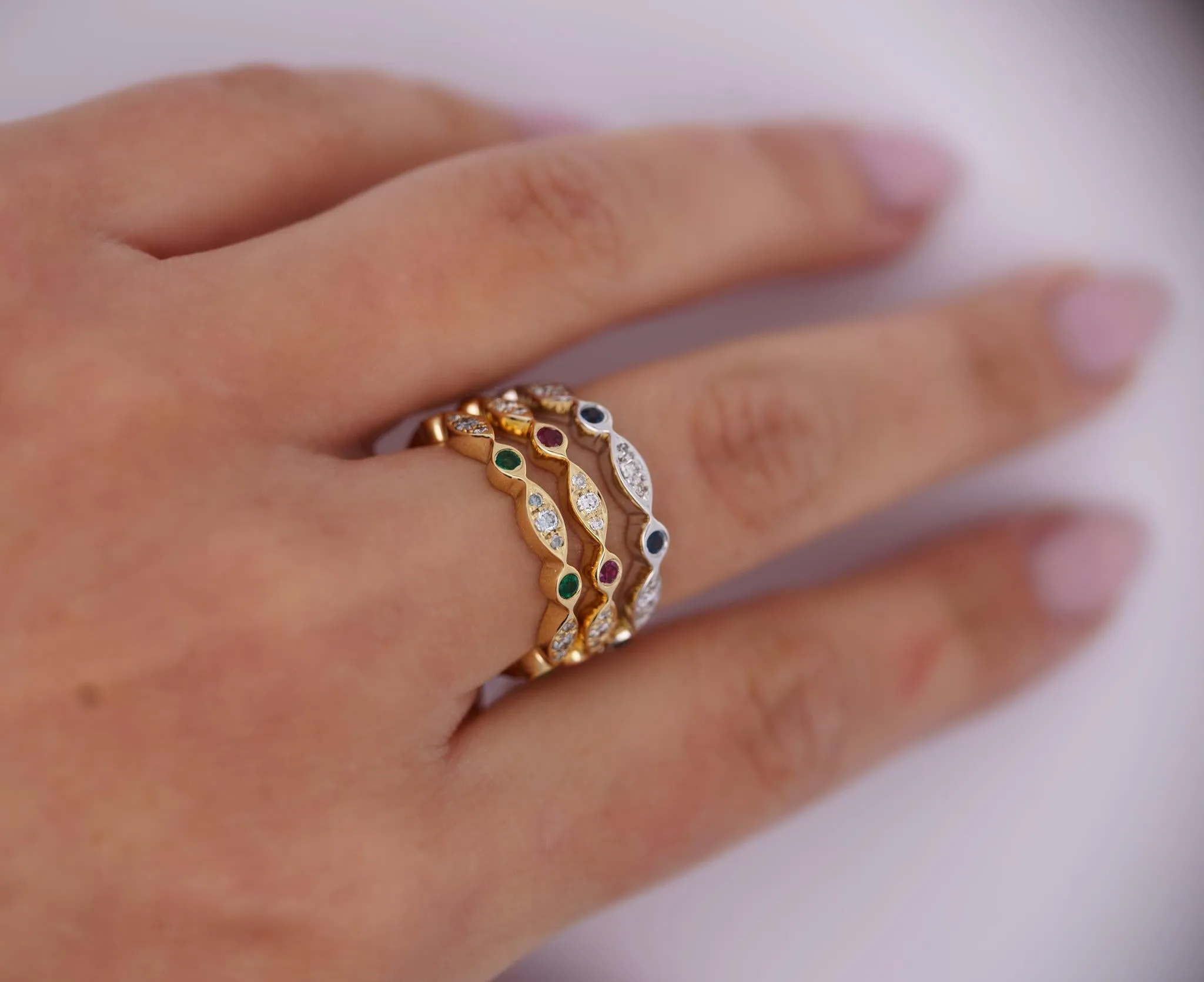 14K Gold Emerald and Lab Diamond Bezel Stacking 3MM Band Wave Ring