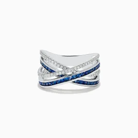 14K White Gold Blue Sapphire and Diamond Crossover Ring