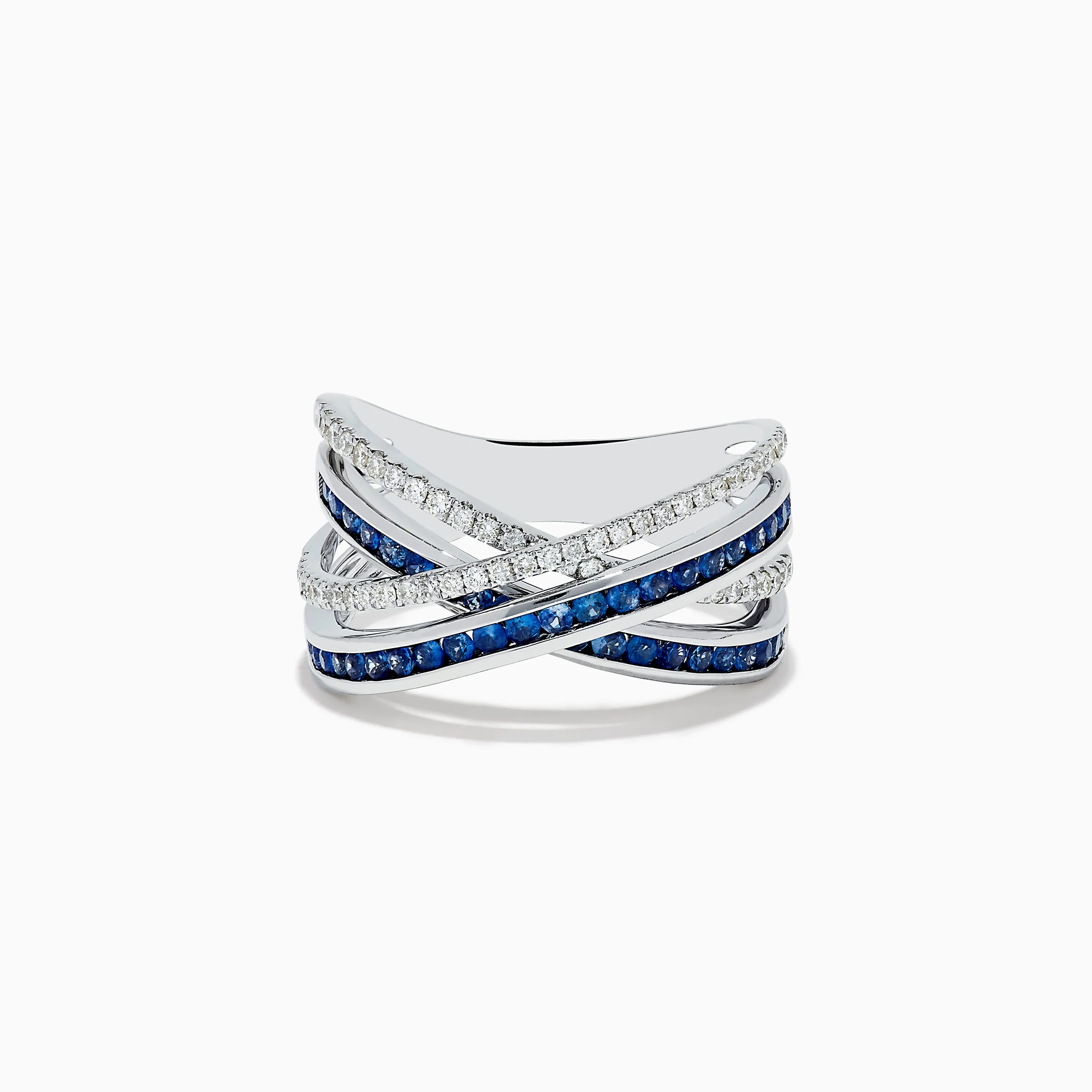 14K White Gold Blue Sapphire and Diamond Crossover Ring