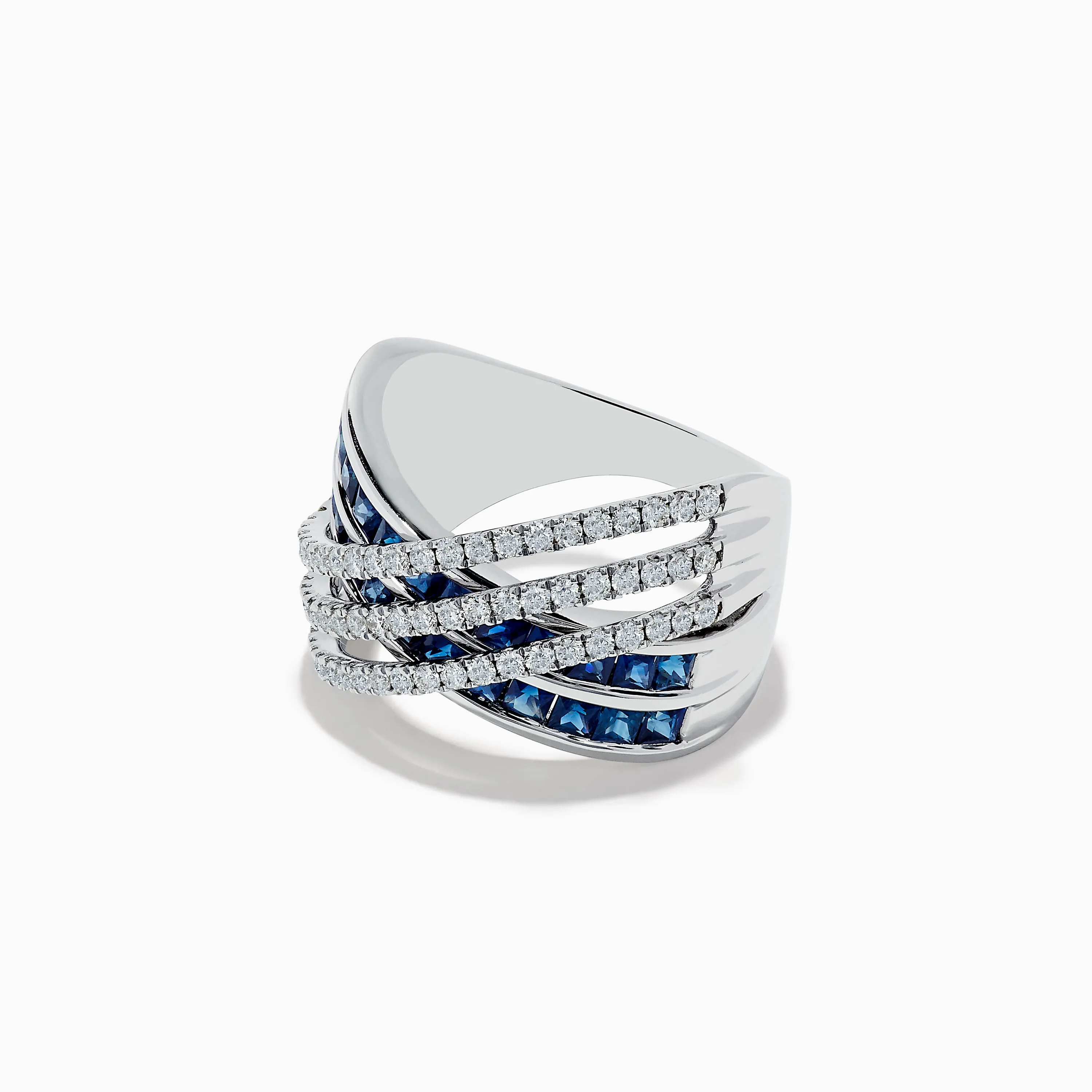 14K White Gold Blue Sapphire and Diamond Crossover Ring