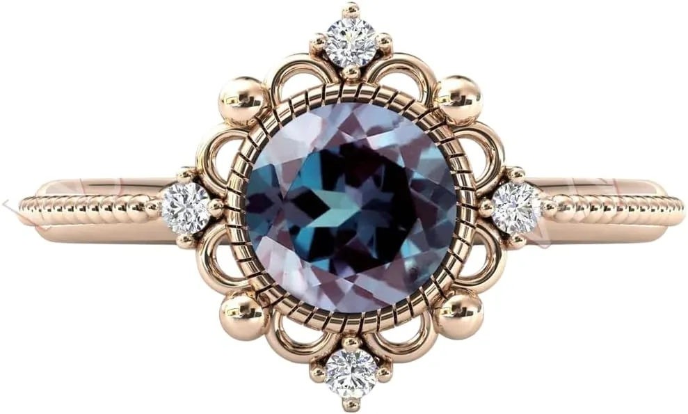 18K Rose Gold 1.20 Carat Alexandrite Ring Round Cut Wedding Filgree Band Ring Vintage Art Deco Engagement Ring Anniversary Promise Ring For Women & Ladies Partywear Gold Ring Gemstone Ring Gift For Her {BL-AL-114}