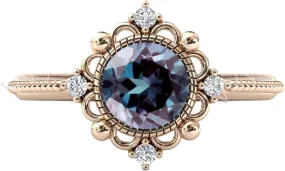 18K Rose Gold 1.20 Carat Alexandrite Ring Round Cut Wedding Filgree Band Ring Vintage Art Deco Engagement Ring Anniversary Promise Ring For Women & Ladies Partywear Gold Ring Gemstone Ring Gift For Her {BL-AL-114}