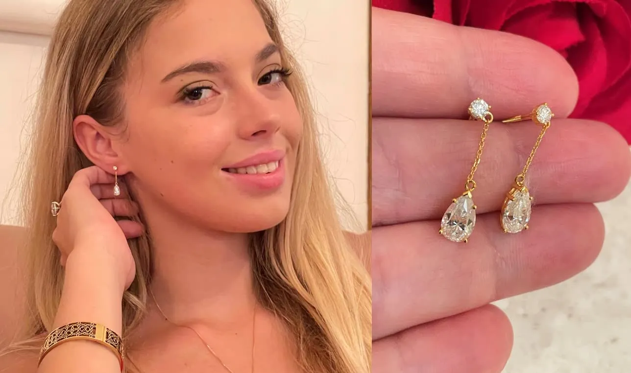 18K SOLID GOLD 5x8mm Pear cut DIAMOND Earrings Studs HANDMADE Diamond Jewelry 2ct Diamond Stud Earrings for women 18Kt Yellow GOLD SOLID Pear shaped Diamond Earrings Gift for Her Birthday Lady Luxury
