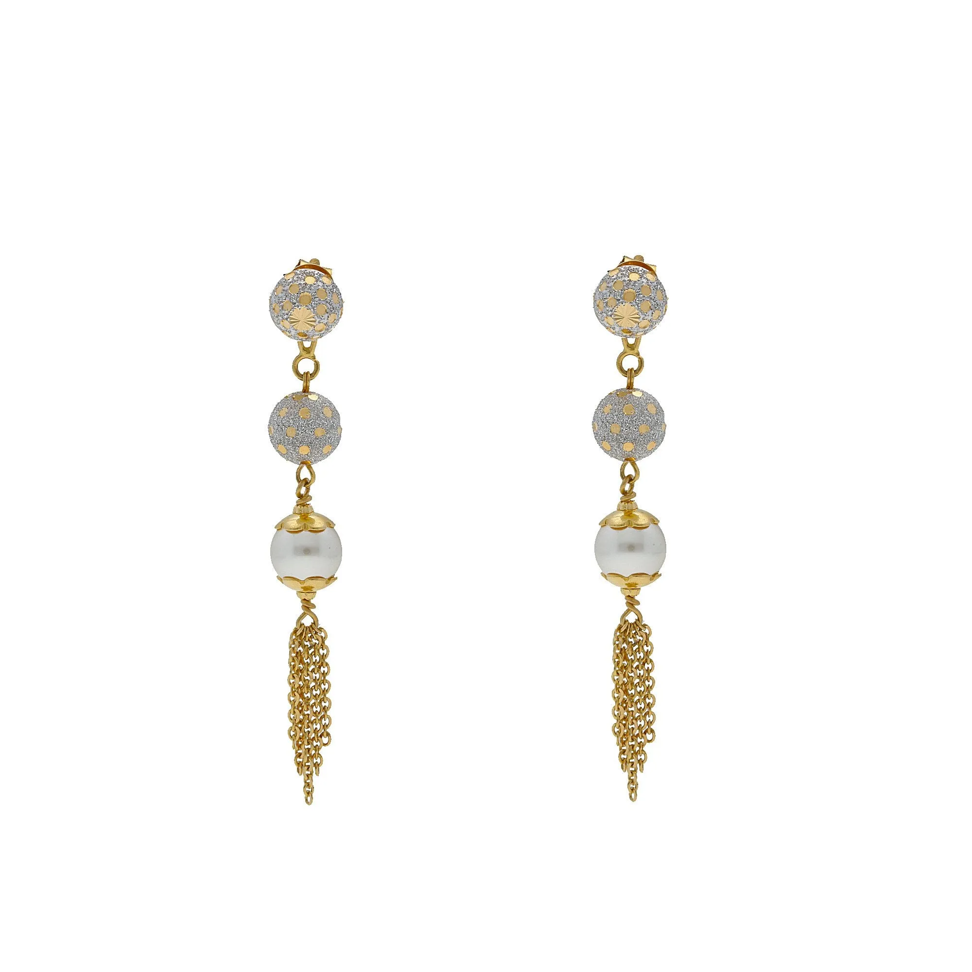 22K Multi Tone Gold Drop Earrings W/ Pearls, Gold Balls & Tassel Accents