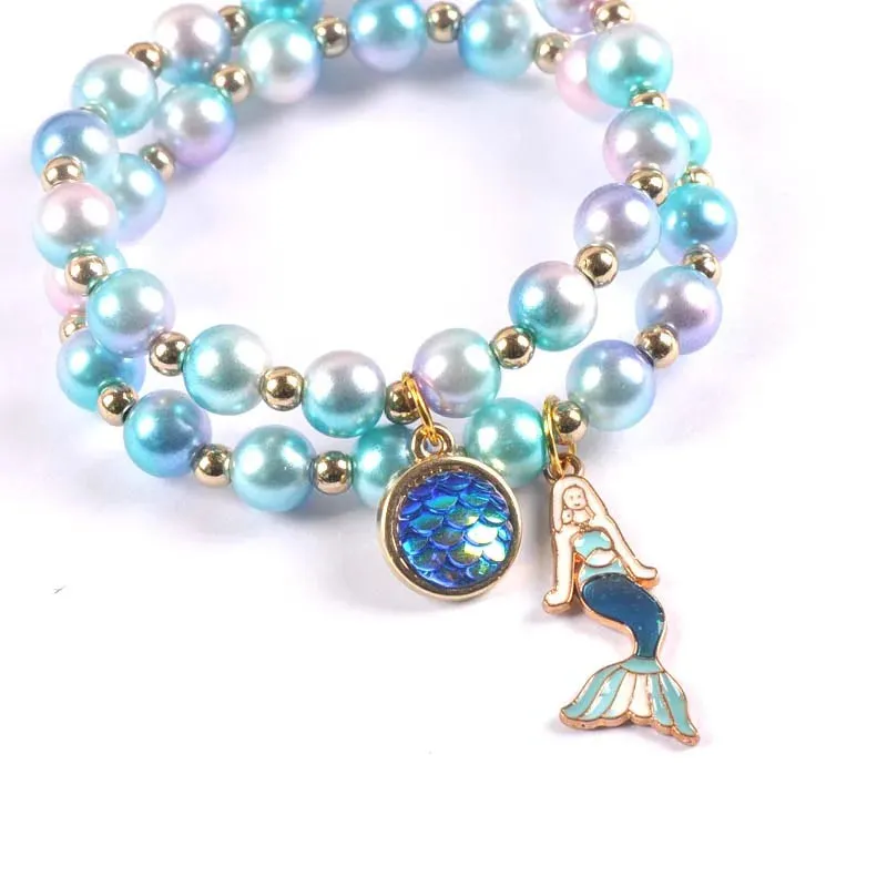 2Pcs Fashion Child Kids Beads Bracelets Bangles With Charming Mermaid/Bees/Flamingos Pendants Beaded