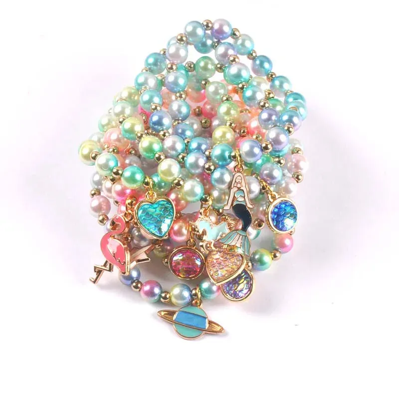 2Pcs Fashion Child Kids Beads Bracelets Bangles With Charming Mermaid/Bees/Flamingos Pendants Beaded