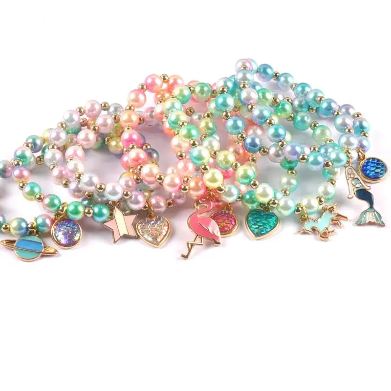 2Pcs Fashion Child Kids Beads Bracelets Bangles With Charming Mermaid/Bees/Flamingos Pendants Beaded