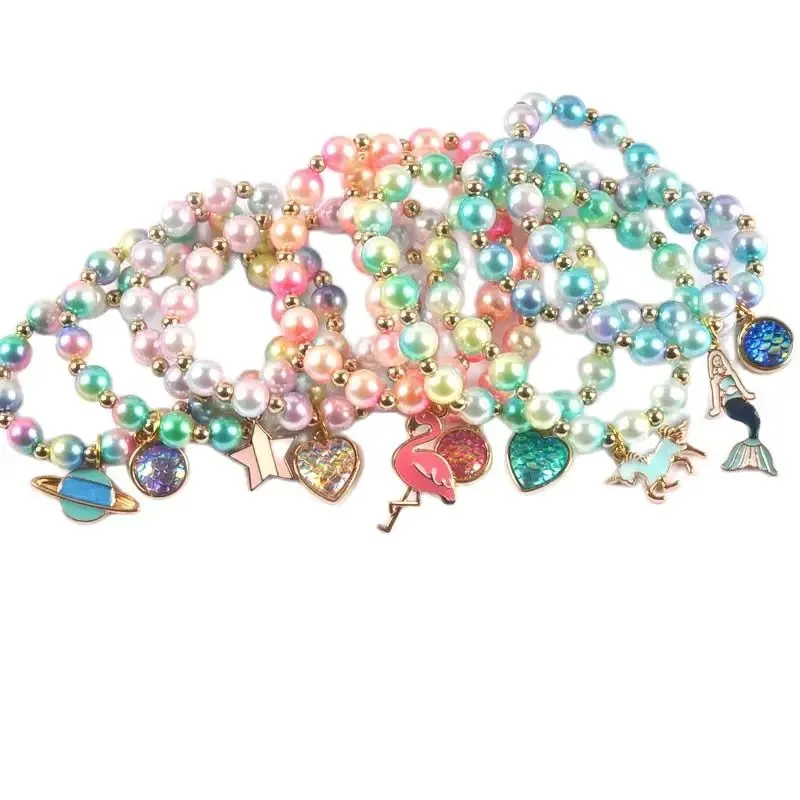 2Pcs Fashion Child Kids Beads Bracelets Bangles With Charming Mermaid/Bees/Flamingos Pendants Beaded