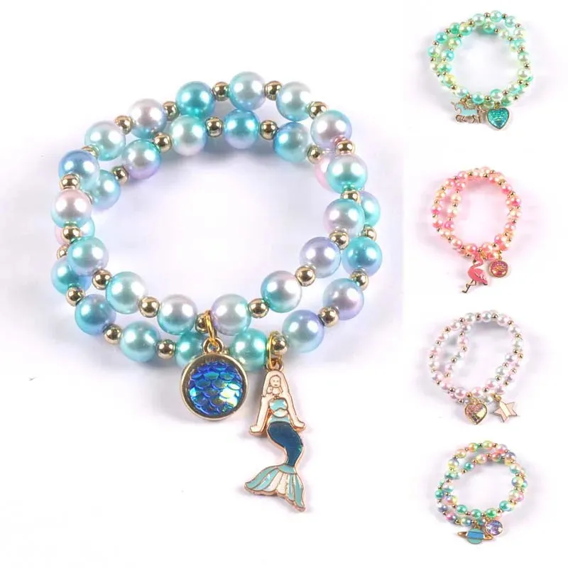 2Pcs Fashion Child Kids Beads Bracelets Bangles With Charming Mermaid/Bees/Flamingos Pendants Beaded