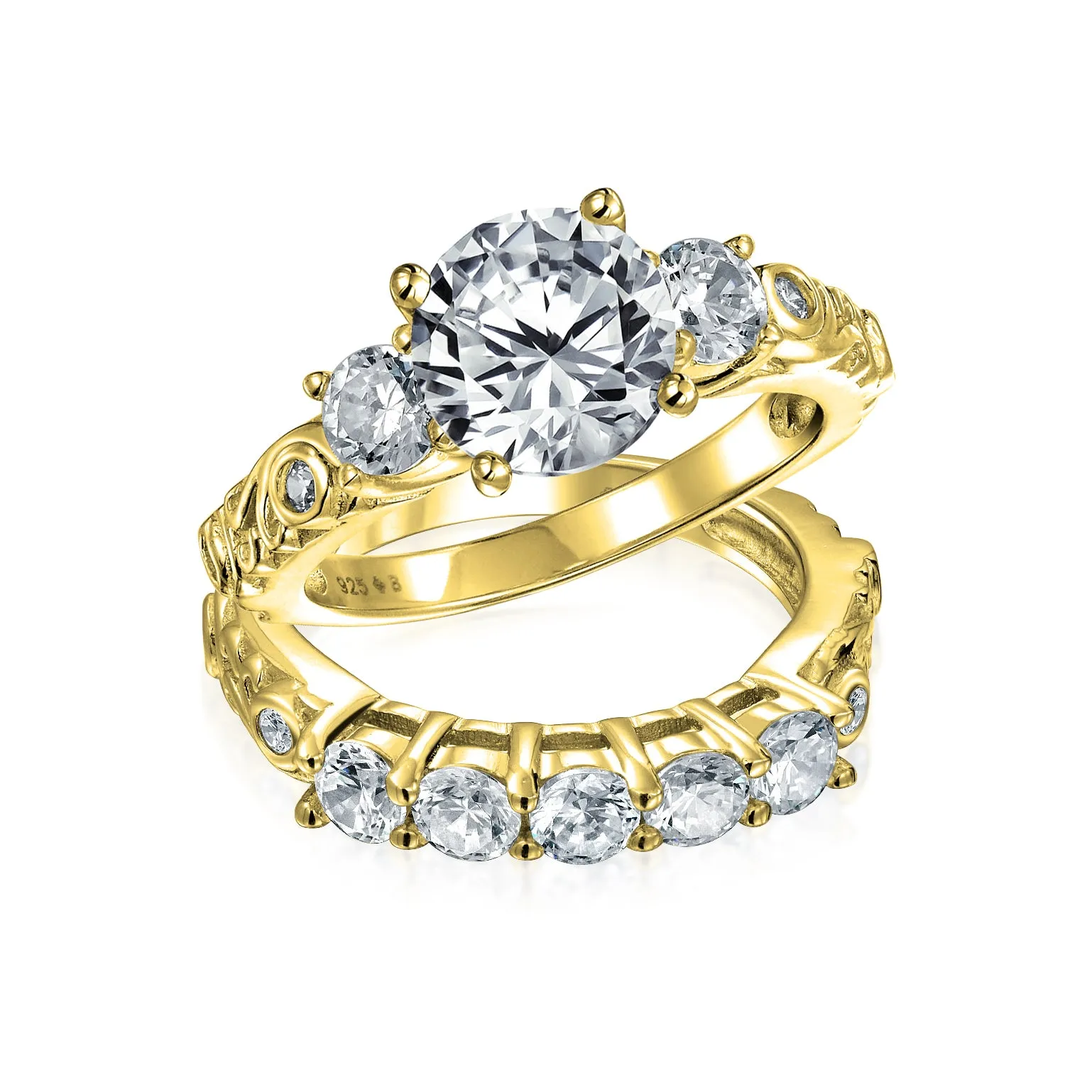 3CT AAA CZ Round Square Engagement Ring Set Band Gold Plate .925 Silver
