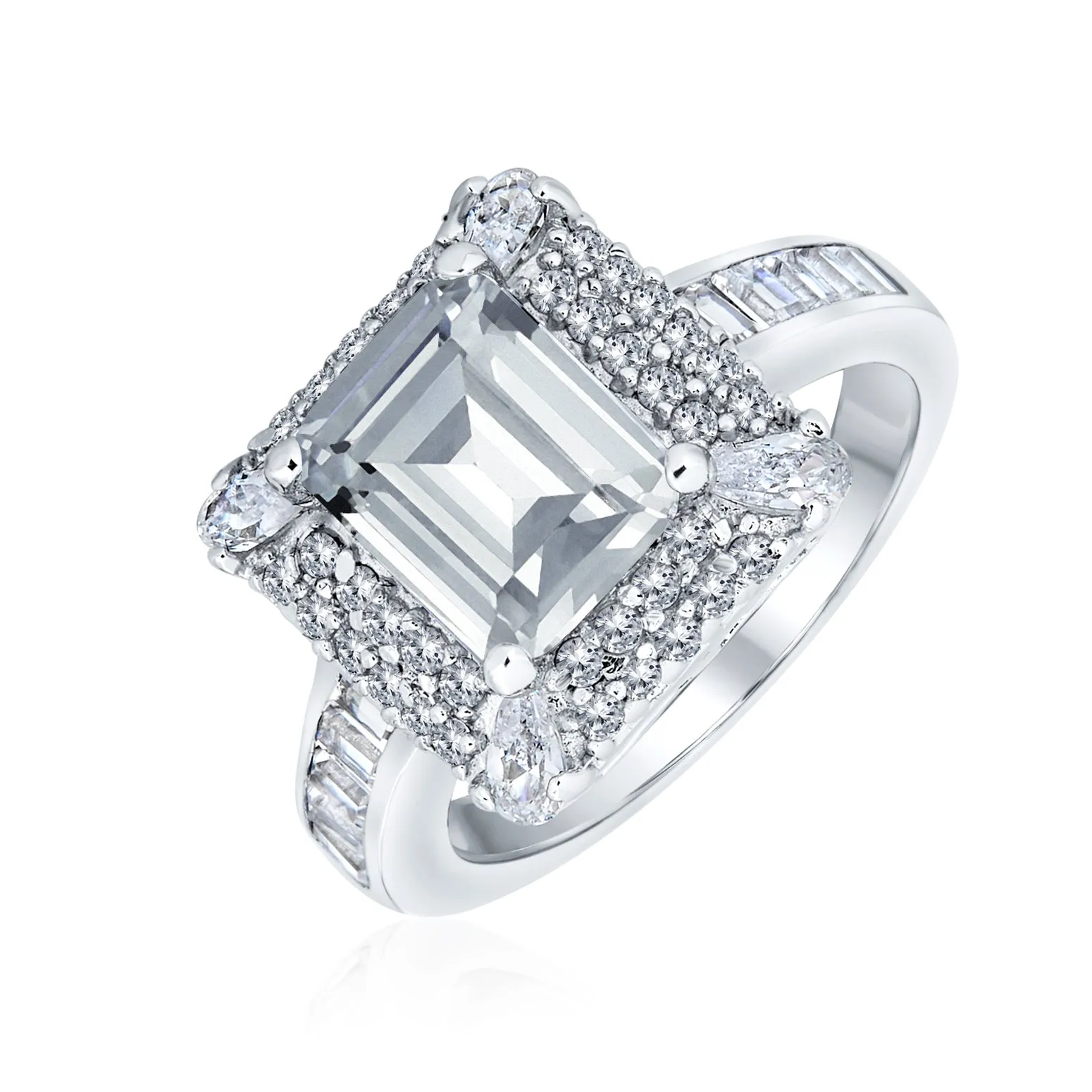 3CT CZ Blue Imitation Sapphire Emerald Cut Engagement Ring .925 Silver