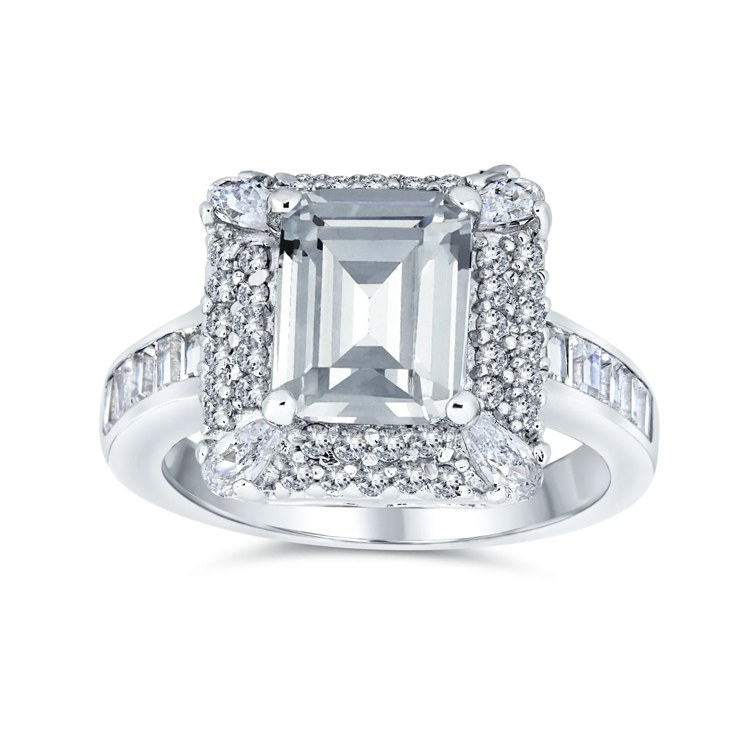 3CT CZ Blue Imitation Sapphire Emerald Cut Engagement Ring .925 Silver