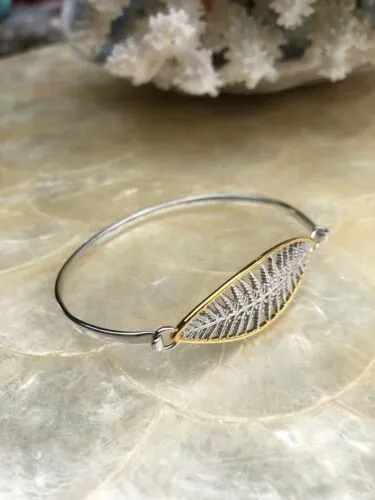 925 Sterling Silver 2 Tone Leaf Design Bangle Bracelet Vintage