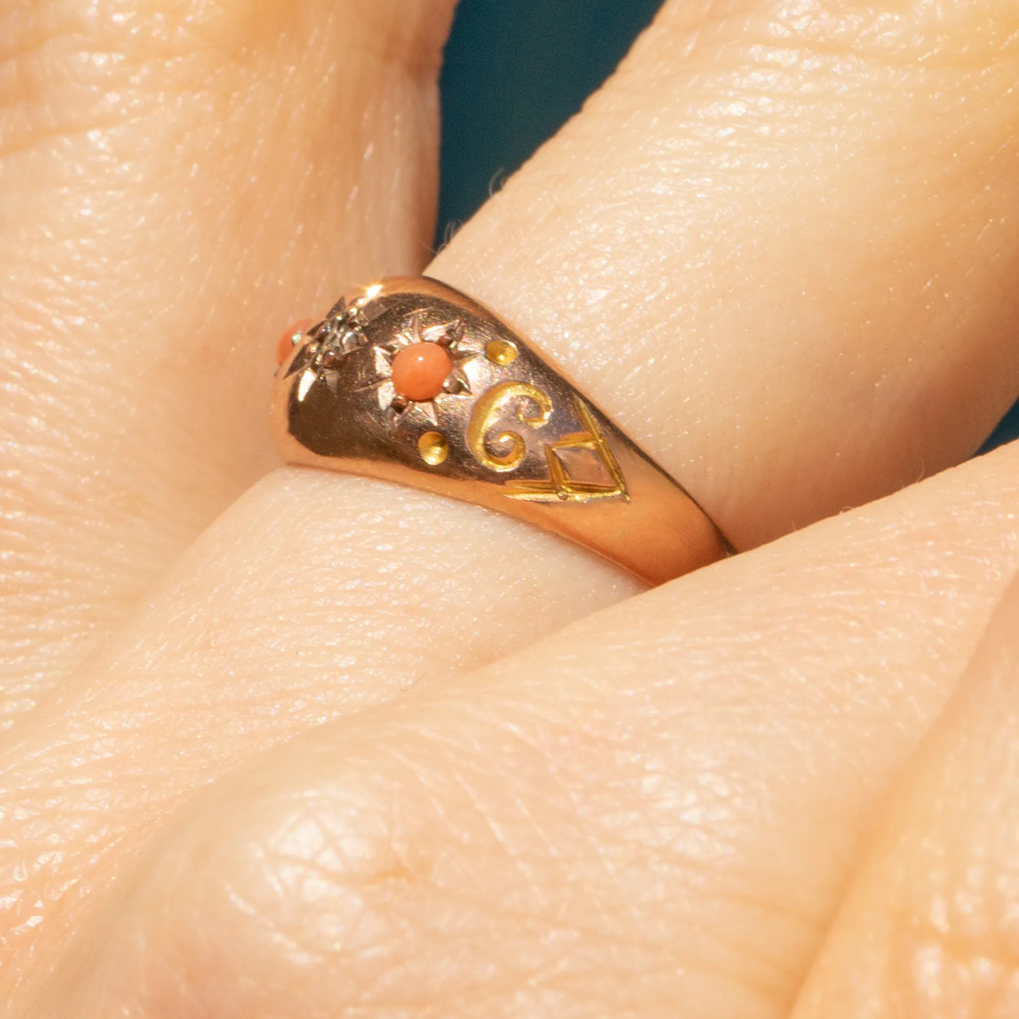 Antique 9ct Gold Coral Diamond Gypsy Ring