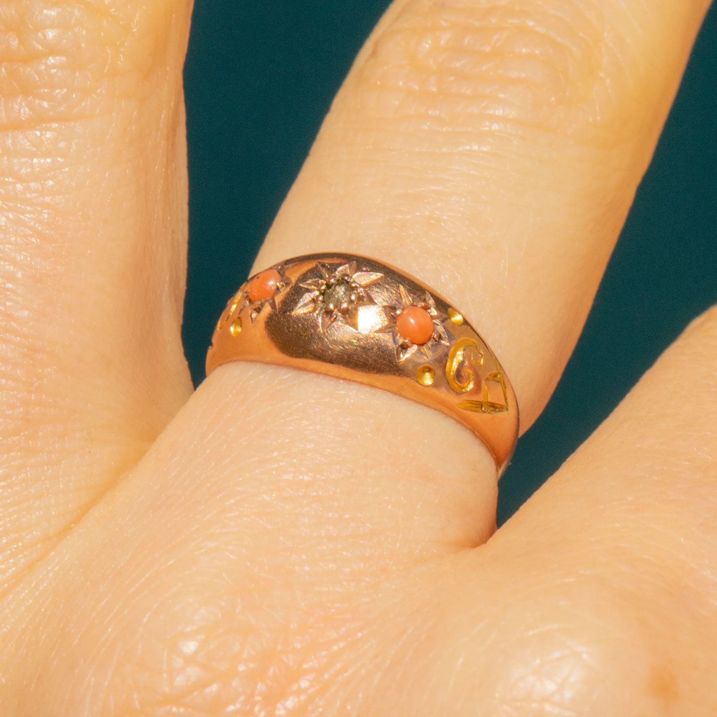 Antique 9ct Gold Coral Diamond Gypsy Ring