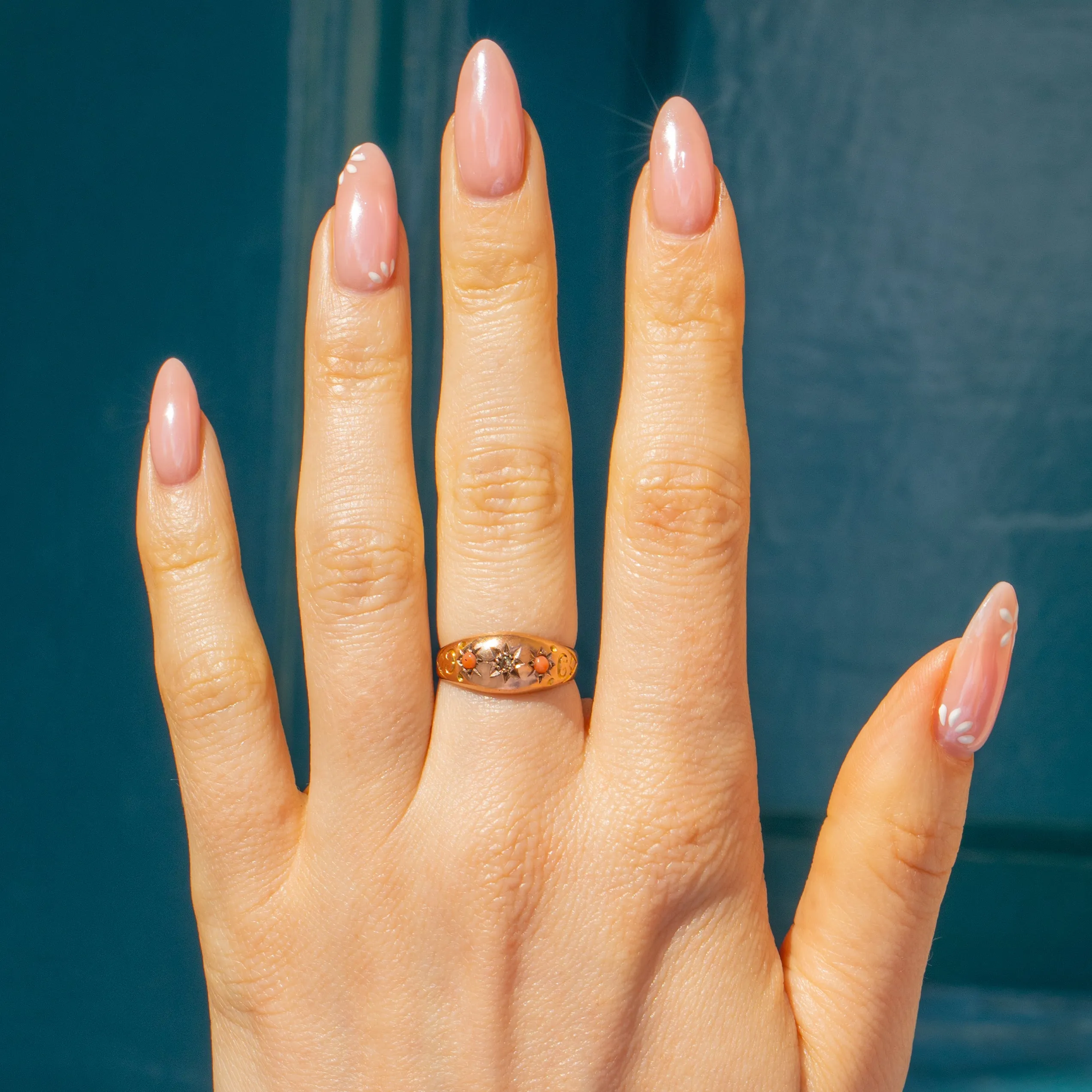 Antique 9ct Gold Coral Diamond Gypsy Ring