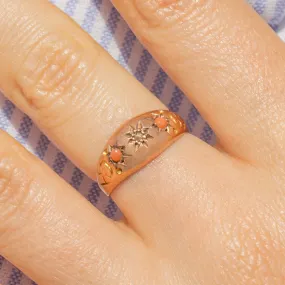 Antique 9ct Gold Coral Diamond Gypsy Ring