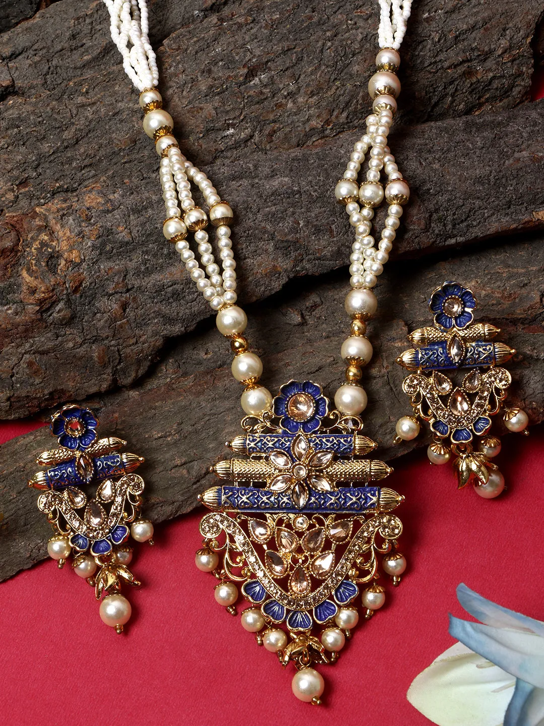 Antique Matte Gold Finish Meenakari Pearl Temple Jewellery - Anikas Creation