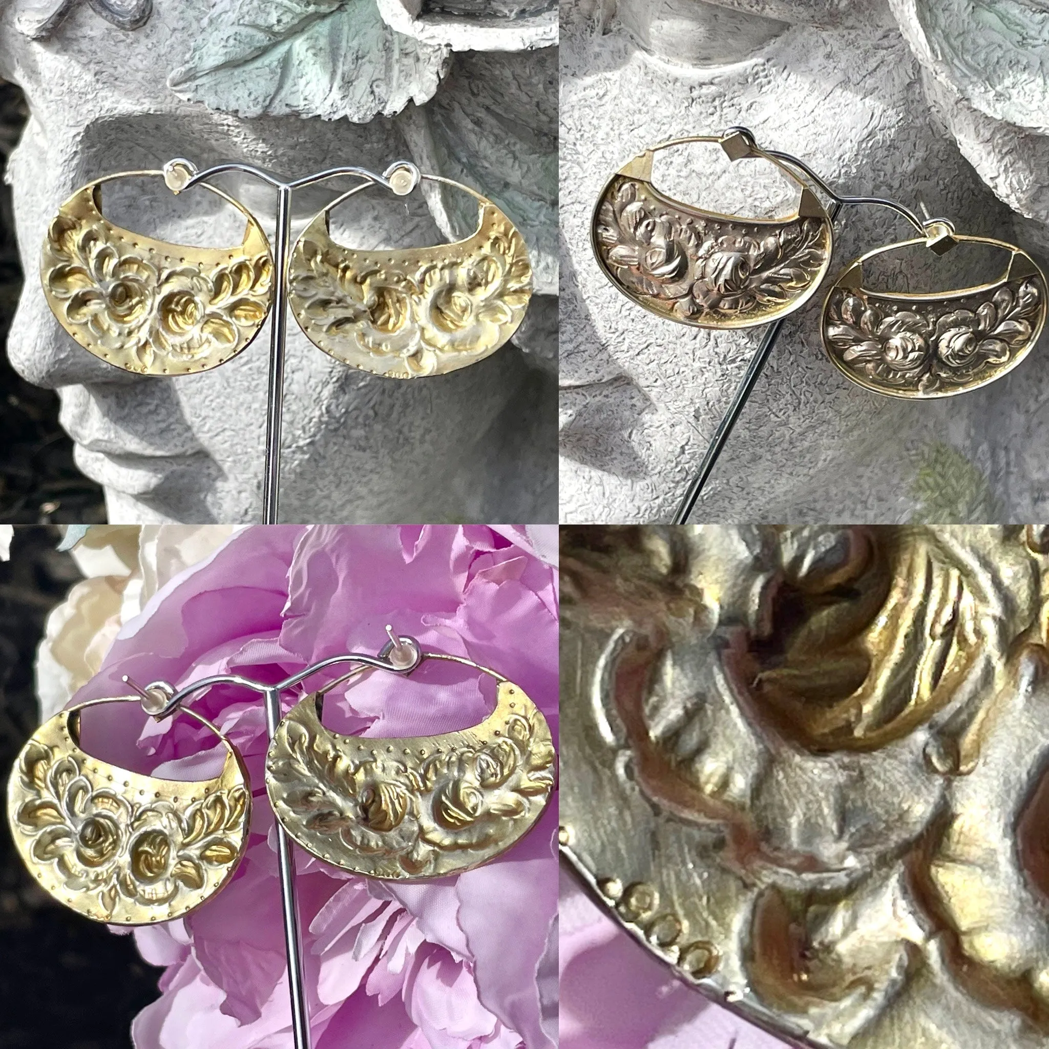 Antique Signed 900 Fine Silver & Gold 2 Tone Repousse Floral Pierced Earrings
