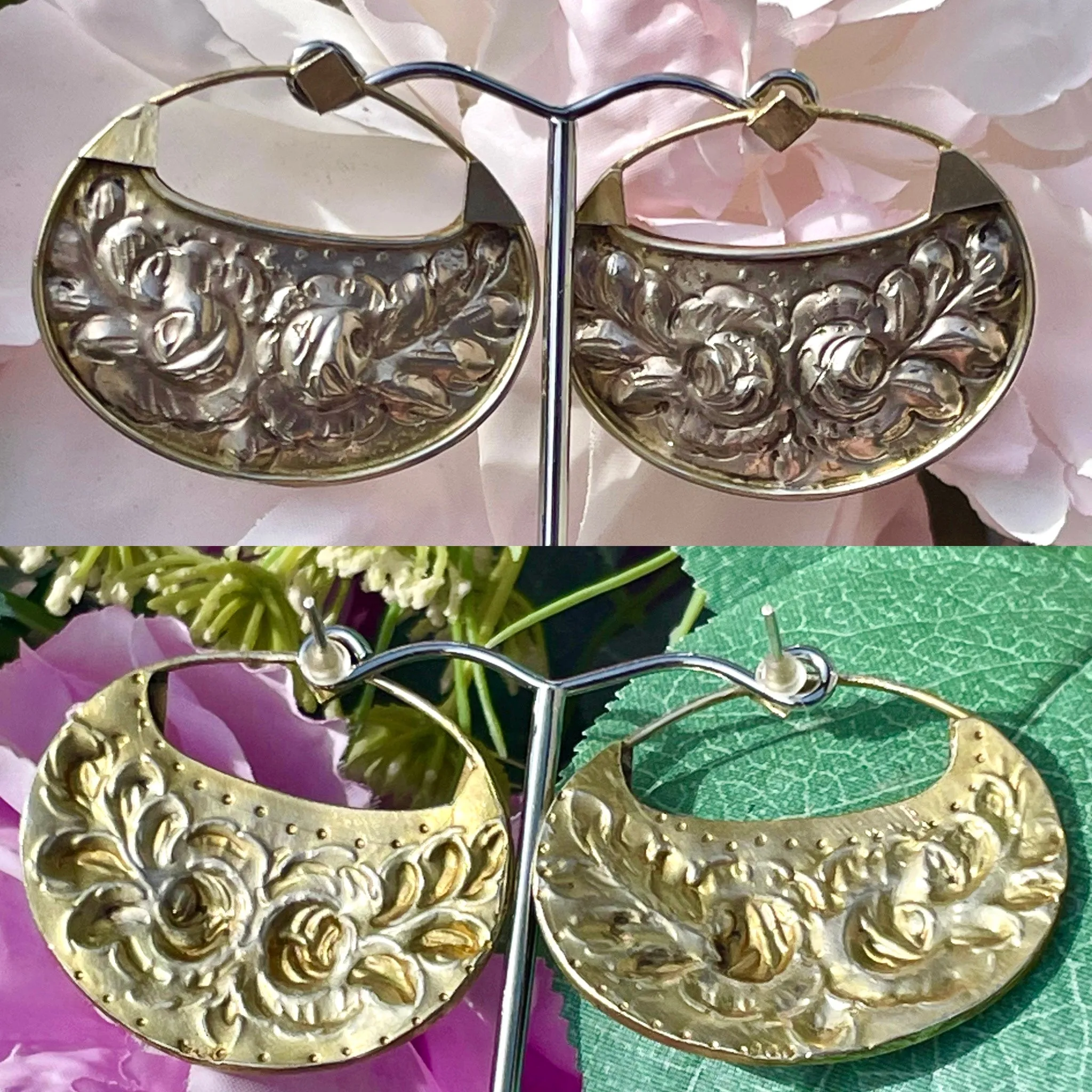 Antique Signed 900 Fine Silver & Gold 2 Tone Repousse Floral Pierced Earrings