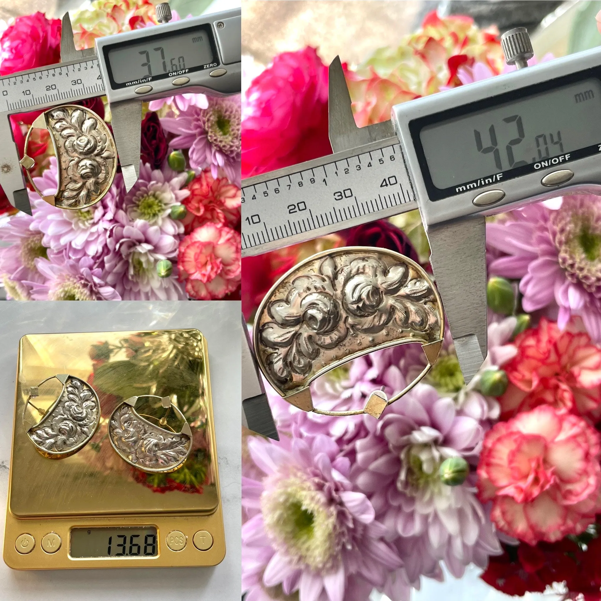 Antique Signed 900 Fine Silver & Gold 2 Tone Repousse Floral Pierced Earrings