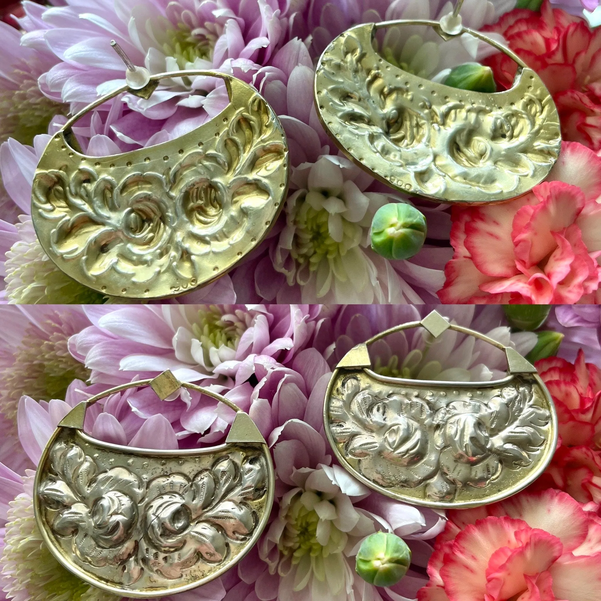 Antique Signed 900 Fine Silver & Gold 2 Tone Repousse Floral Pierced Earrings