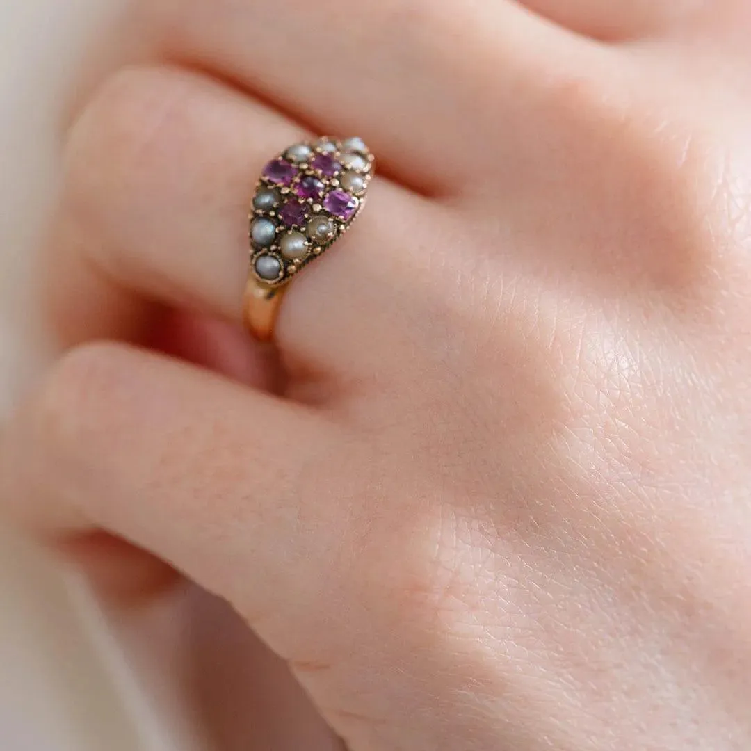 Antique Victorian 18ct Split Pearl Ruby Cross Ring