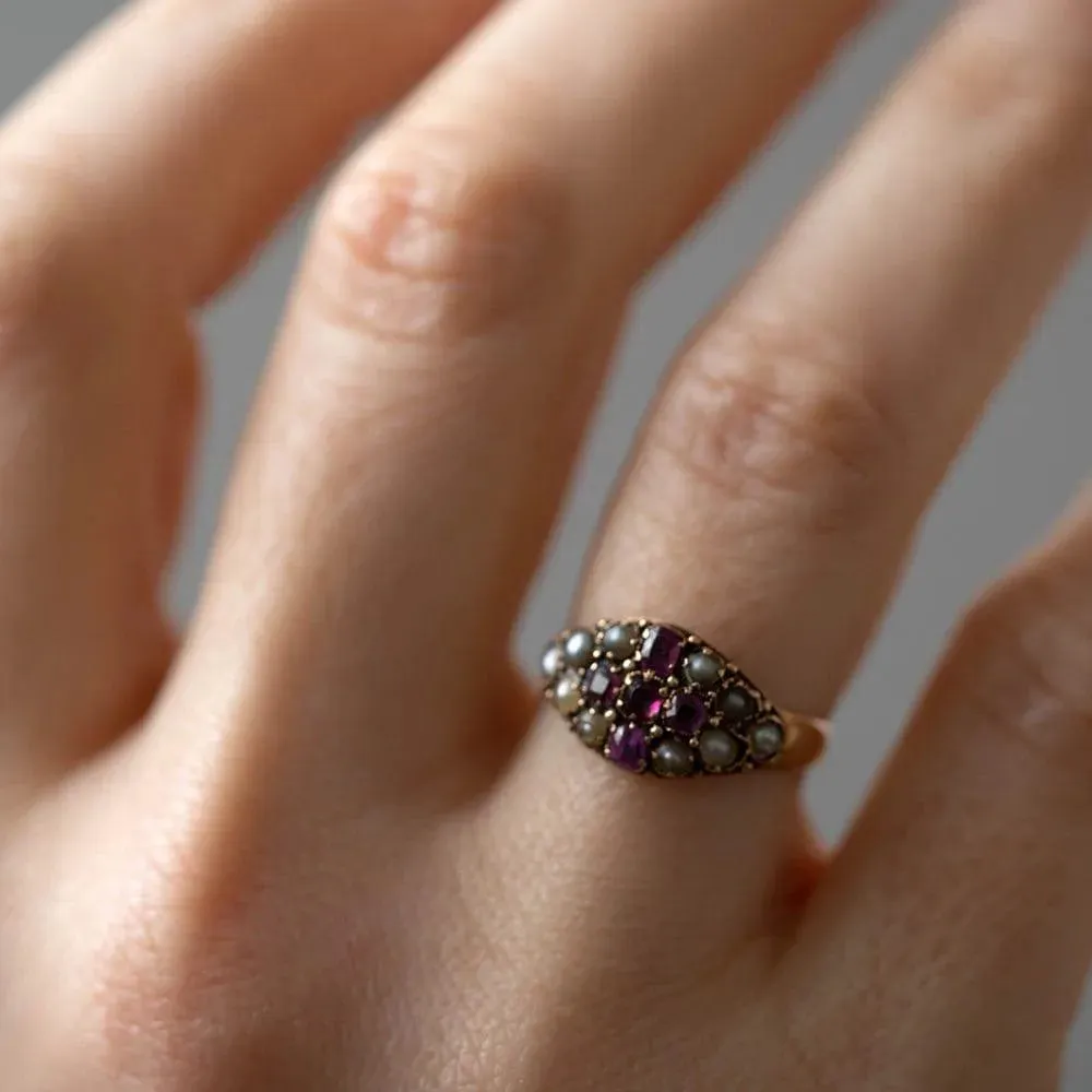 Antique Victorian 18ct Split Pearl Ruby Cross Ring