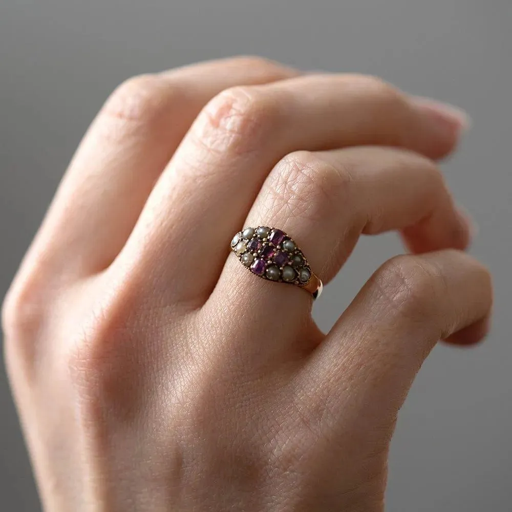 Antique Victorian 18ct Split Pearl Ruby Cross Ring
