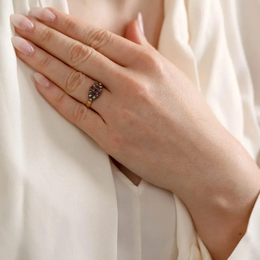 Antique Victorian 18ct Split Pearl Ruby Cross Ring