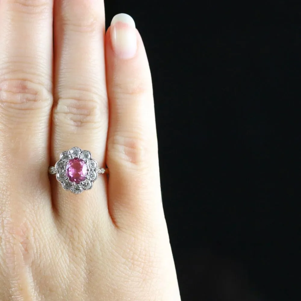 Antique Victorian Pink Sapphire Diamond Ring 18Ct Gold