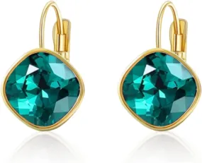 Austrian Crystal Square Drop Dangle Leverback Earrings | Plated 18K/Rose Gold Zircon Gemstone Birthstone Hoop Hanging Dangly Earrings Jewelry Gift for Wife Mom Daughter Girlfriend