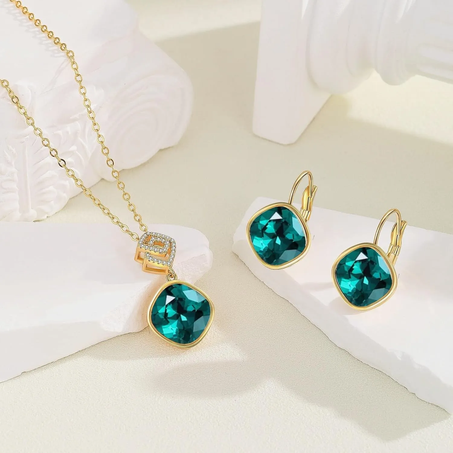 Austrian Crystal Square Drop Dangle Leverback Earrings | Plated 18K/Rose Gold Zircon Gemstone Birthstone Hoop Hanging Dangly Earrings Jewelry Gift for Wife Mom Daughter Girlfriend
