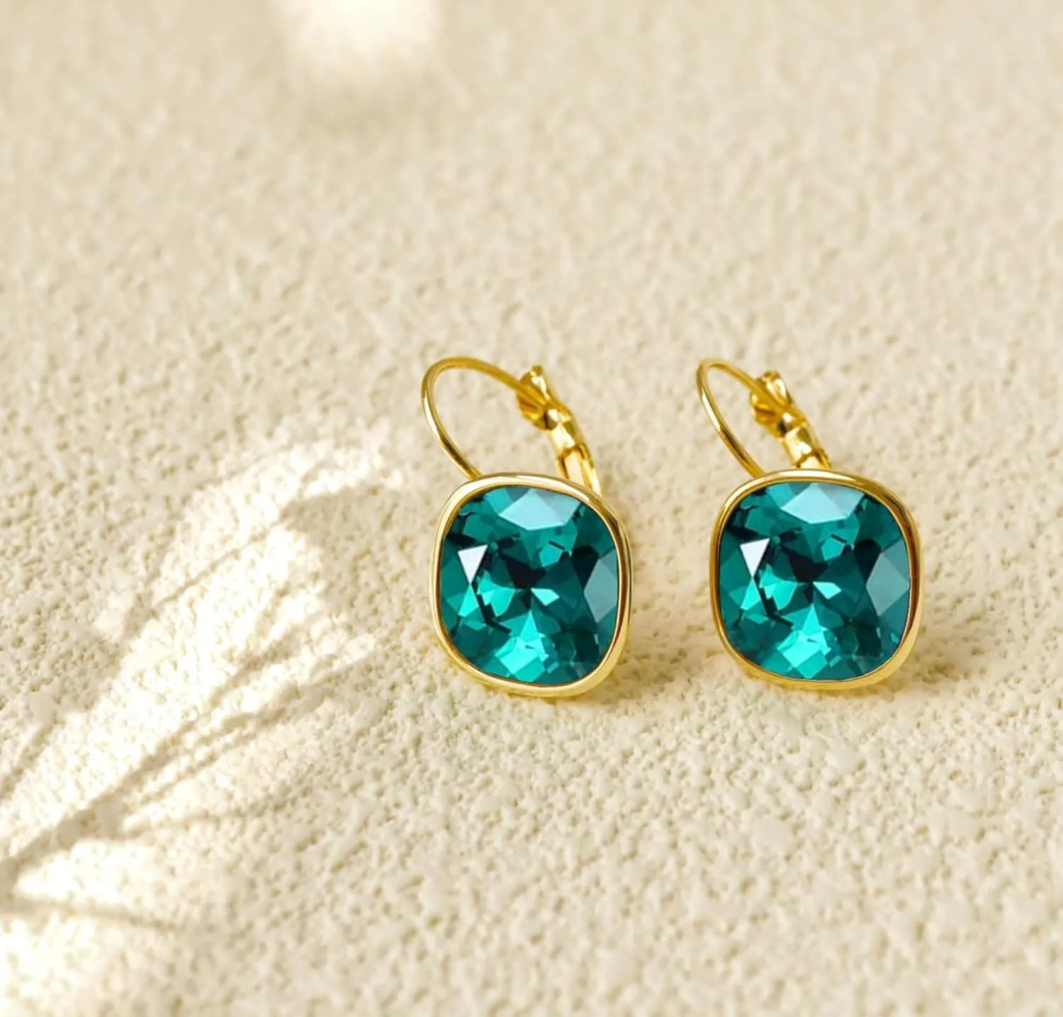 Austrian Crystal Square Drop Dangle Leverback Earrings | Plated 18K/Rose Gold Zircon Gemstone Birthstone Hoop Hanging Dangly Earrings Jewelry Gift for Wife Mom Daughter Girlfriend