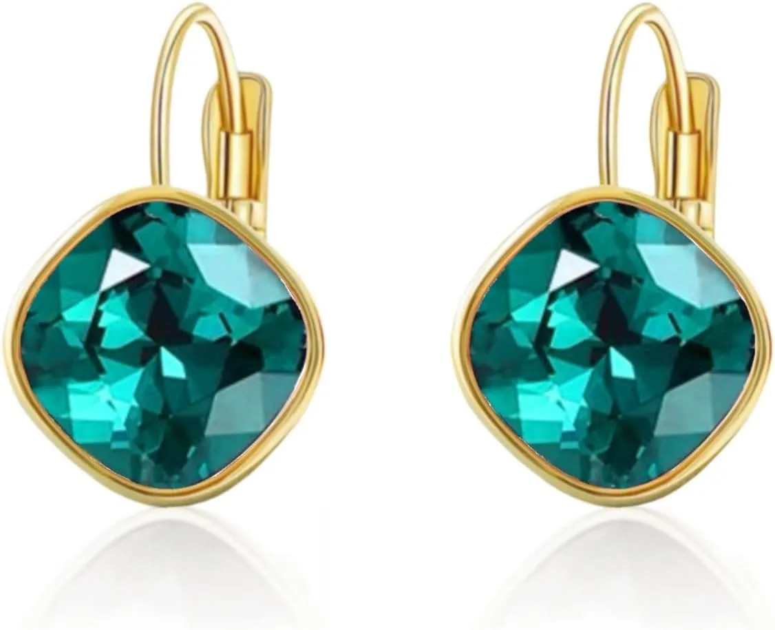 Austrian Crystal Square Drop Dangle Leverback Earrings | Plated 18K/Rose Gold Zircon Gemstone Birthstone Hoop Hanging Dangly Earrings Jewelry Gift for Wife Mom Daughter Girlfriend