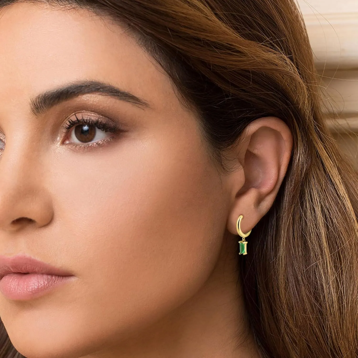 Baguette Drop Huggie Hoop Earrings, Natural Crystal Dangle Drop Earrings, 14K Gold Plated Hypoallergenic Small Hoop Drop Earrings for Women Girls Gifts (Green)