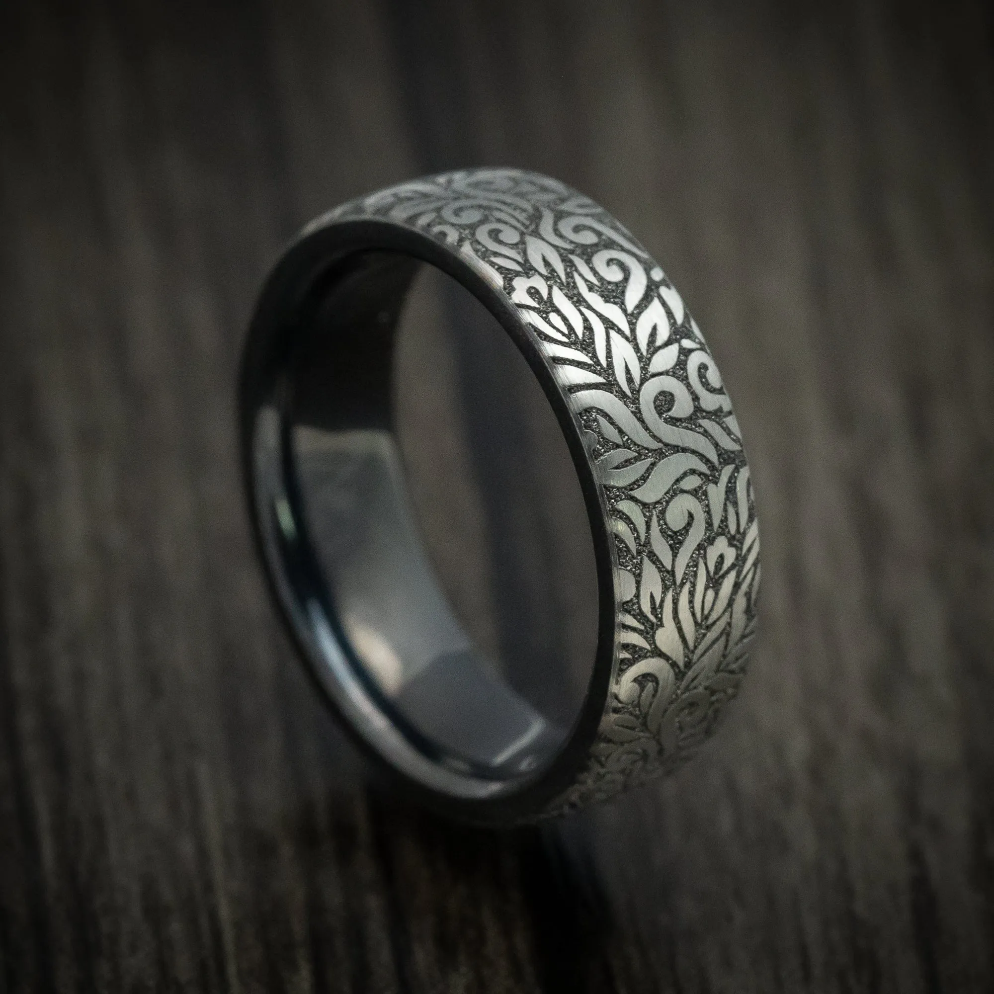 Black Titanium Paisley Pattern Men's Ring Custom Made Band