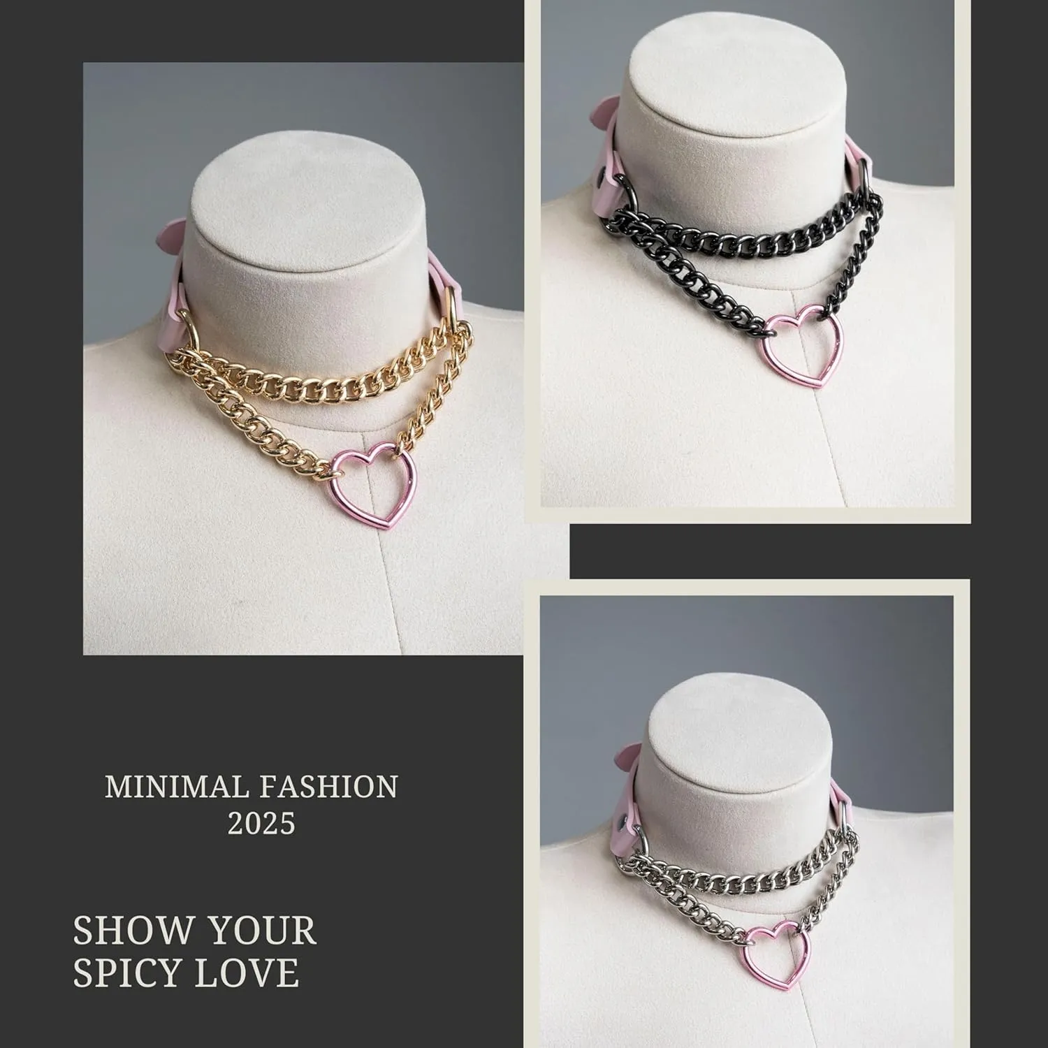Black/Pink Leather Choker Necklace For Women, Handmade Adjustable Chain Collar with Metallic Heart Ring Best Gifts for Valentine's Day