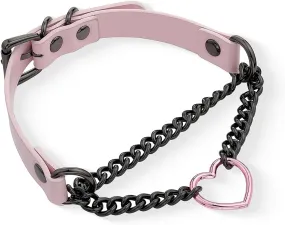 Black/Pink Leather Choker Necklace For Women, Handmade Adjustable Chain Collar with Metallic Heart Ring Best Gifts for Valentine's Day