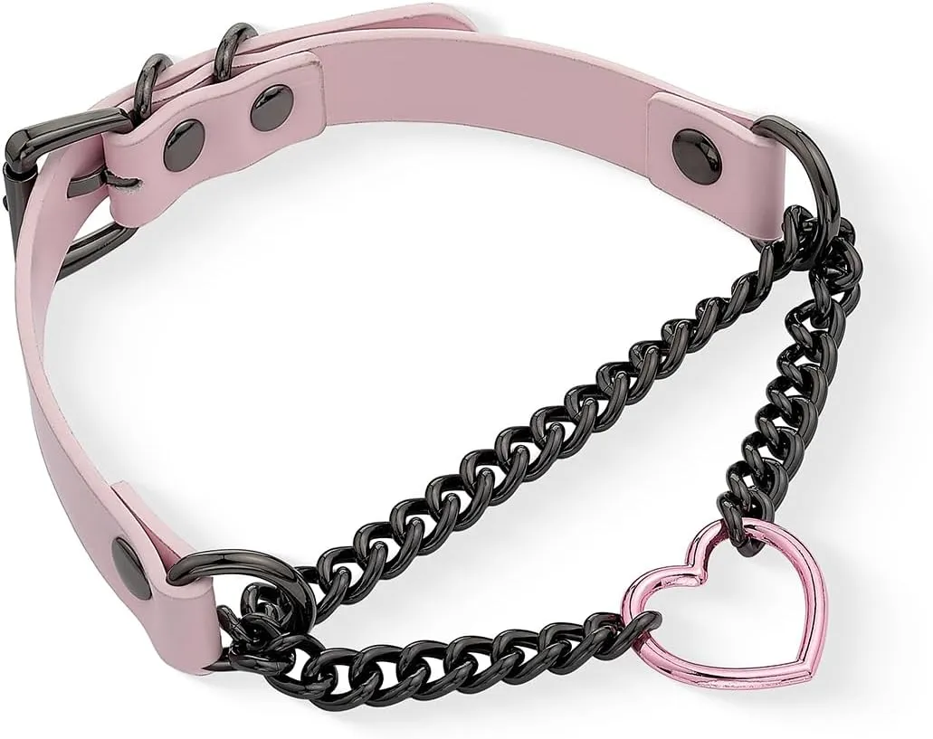 Black/Pink Leather Choker Necklace For Women, Handmade Adjustable Chain Collar with Metallic Heart Ring Best Gifts for Valentine's Day