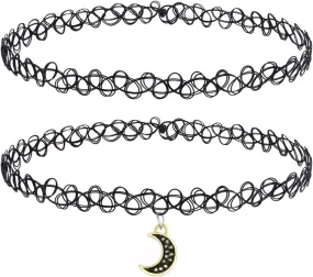 BodyJ4You 2PC Tattoo Choker Necklace - 90s Choker Necklace Women - 2000s Y2K Black Chokers Rainbow Choker - Butterfly Ying Yang Unicorn Rainbow Charms - Stretchy Elastic Necklace