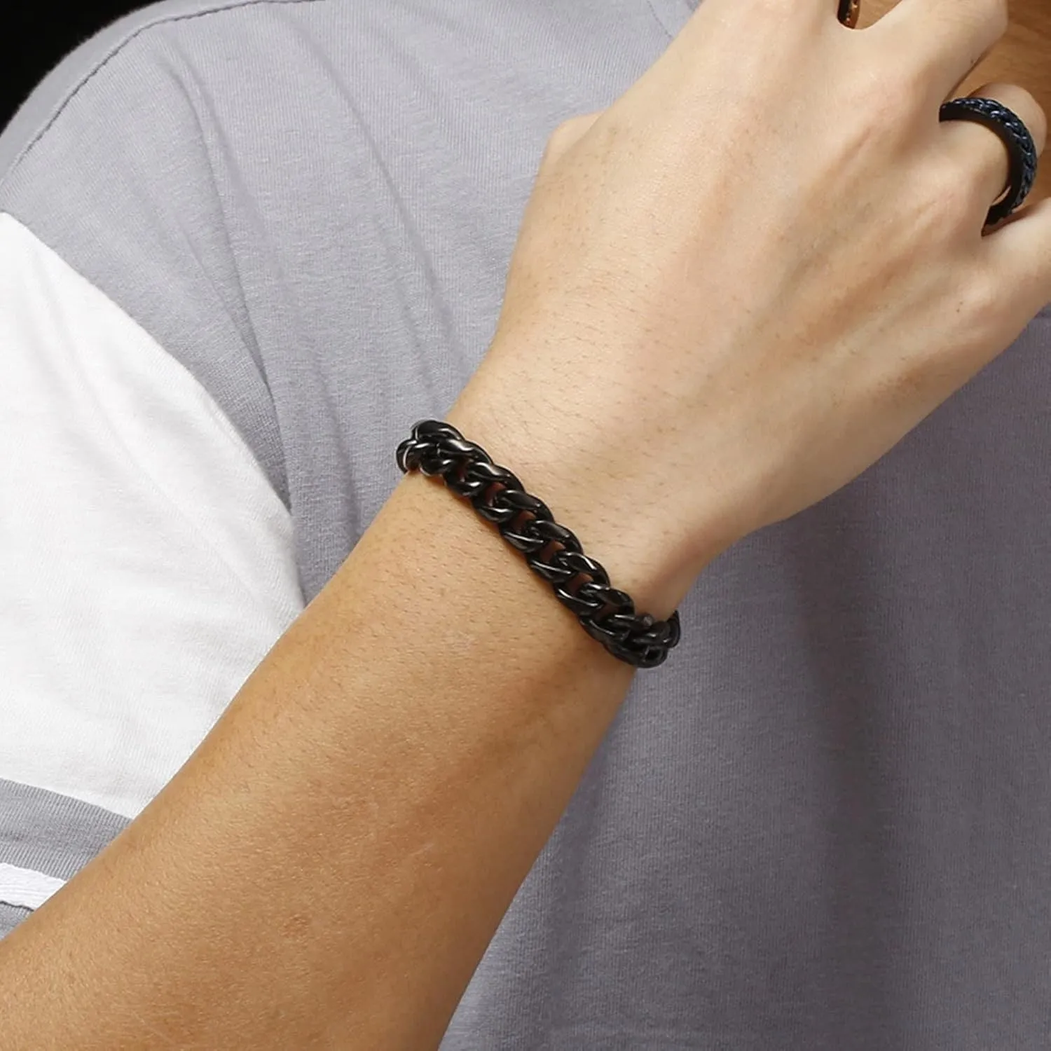 Bracelets for Boys Black, Link Bracelets Punk Stainless Steel Mens Bracelets Beads