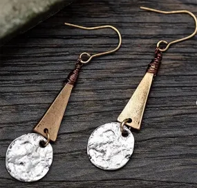 Brass Earrings for Women Boho Geometric Small Circle Dangling Earrings Thin Vintage Brass Earrings Minimalist Style Lightweight Earrings (Brass Vintage Silver)