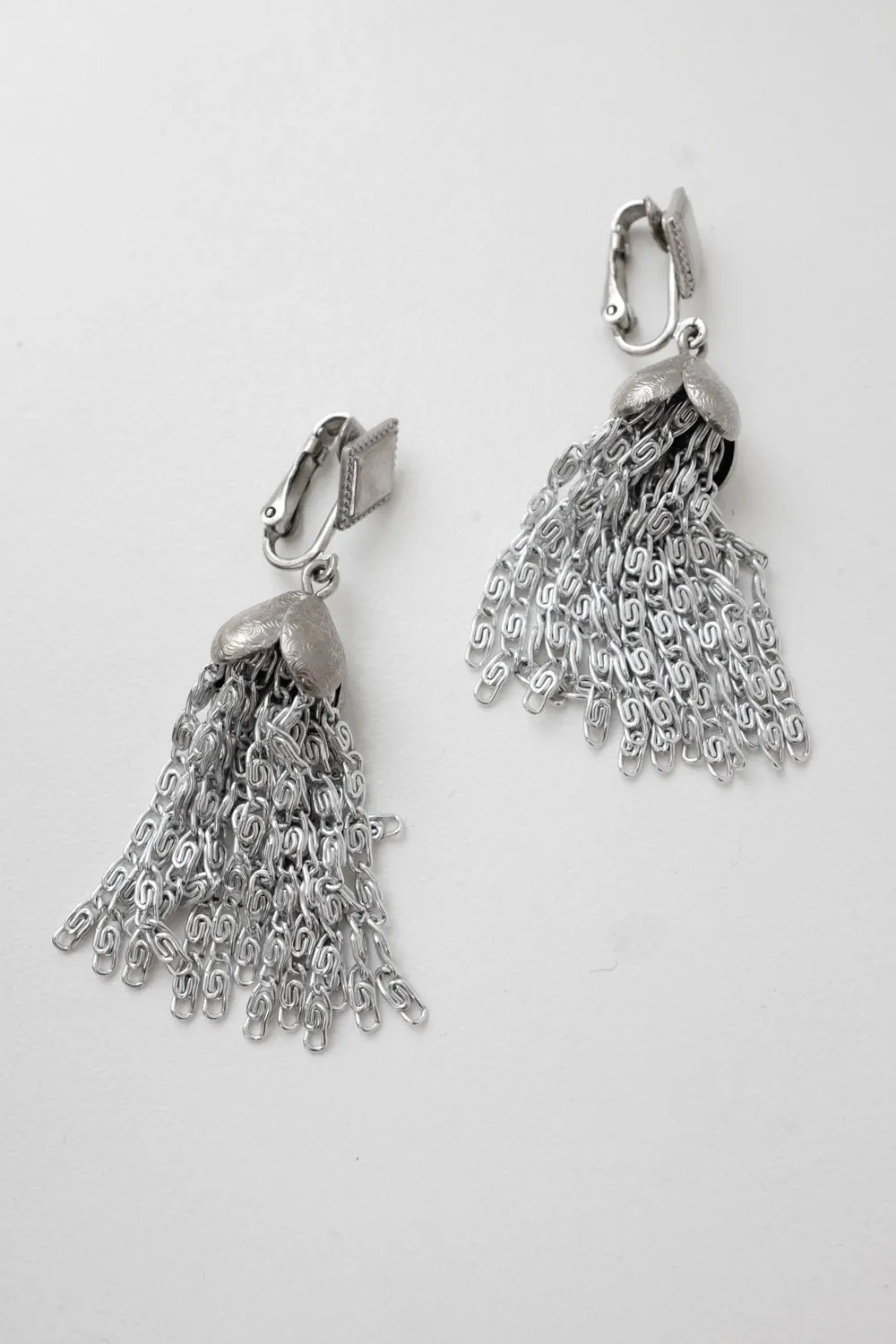 CHAIN TASSEL 70's VINTAGE SILVER EARRINGS